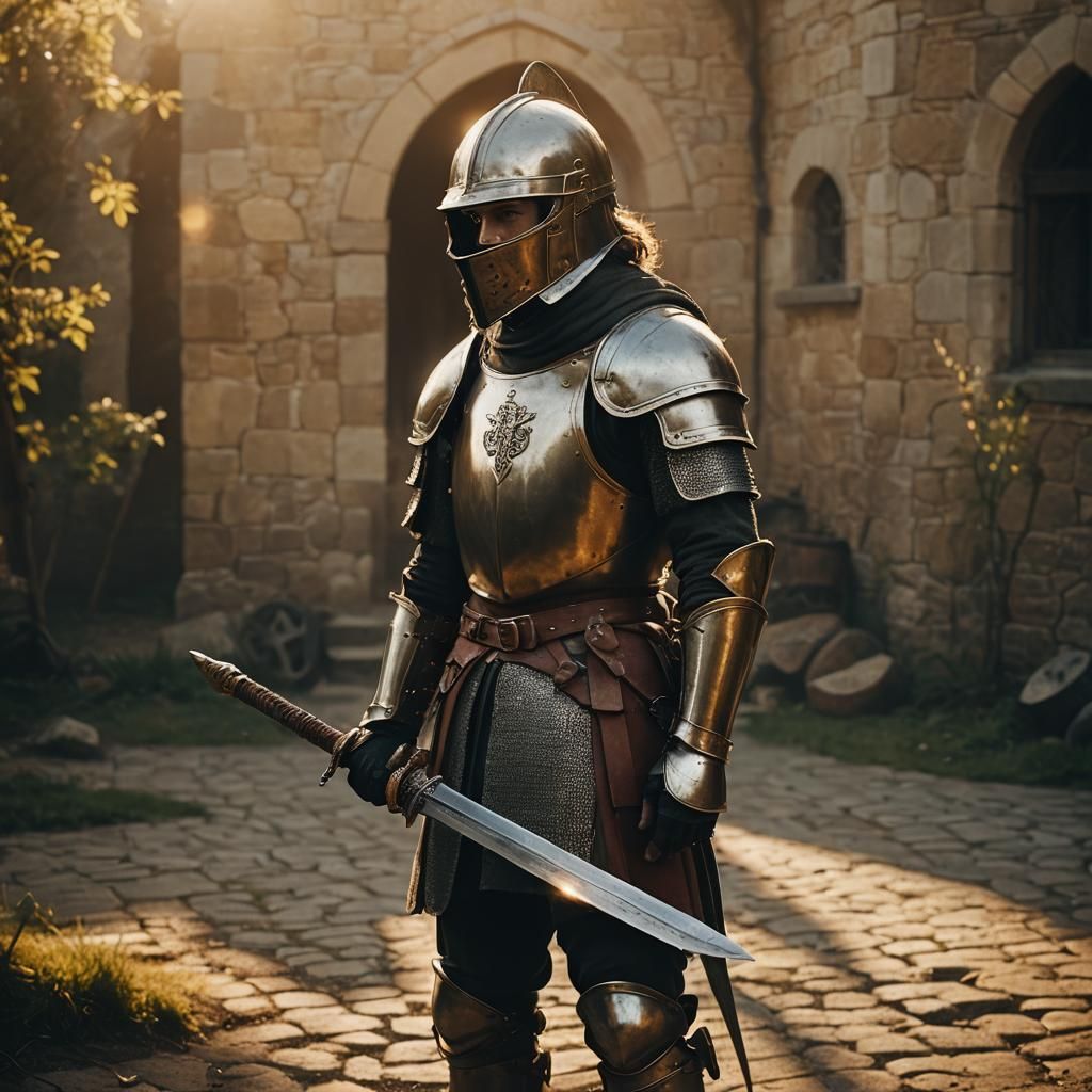 Medieval Knight in Golden Hour, Cinematic Film Still