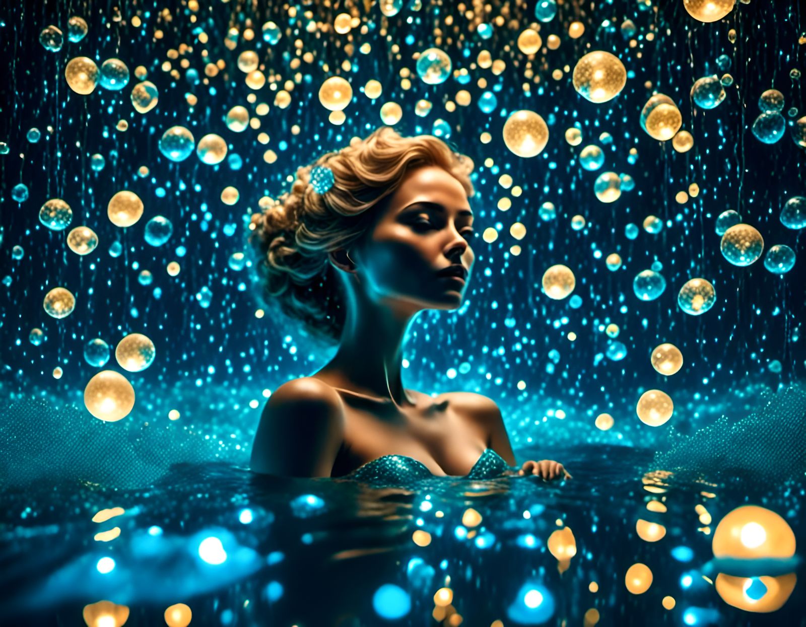 Girl in a glass room filled with bioluminescent bubbles in t...