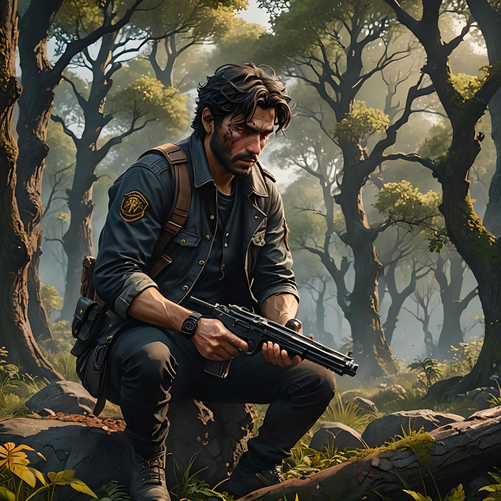 Surreal Man Vomiting Pistol in Nature