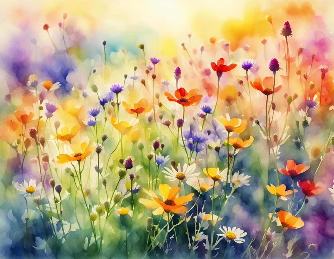 Watercolor Wildflower Field in Sunlight