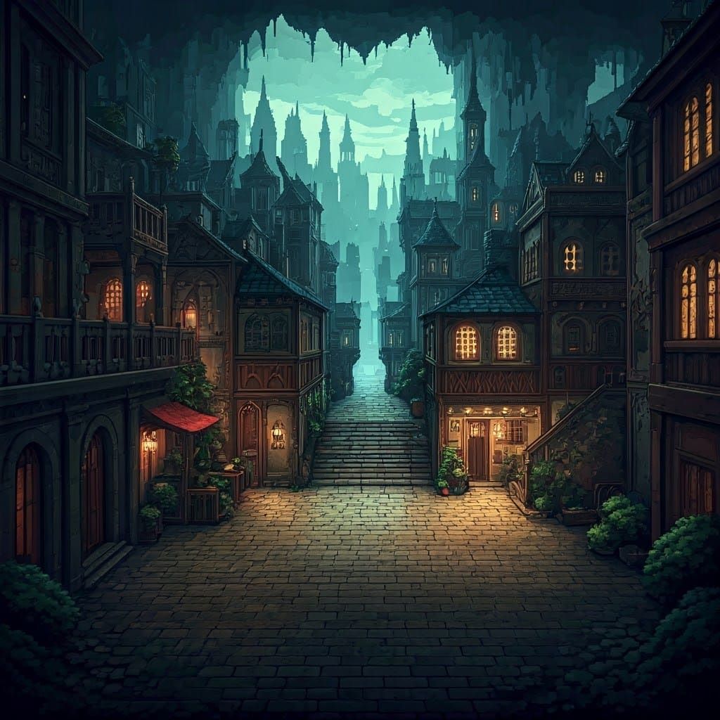 Vibrant 32x32 Pixel Art Cityscape in Classic RPG 2D Style