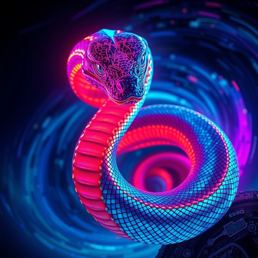 Cyberpunk Serpent in Neon Dreamscape