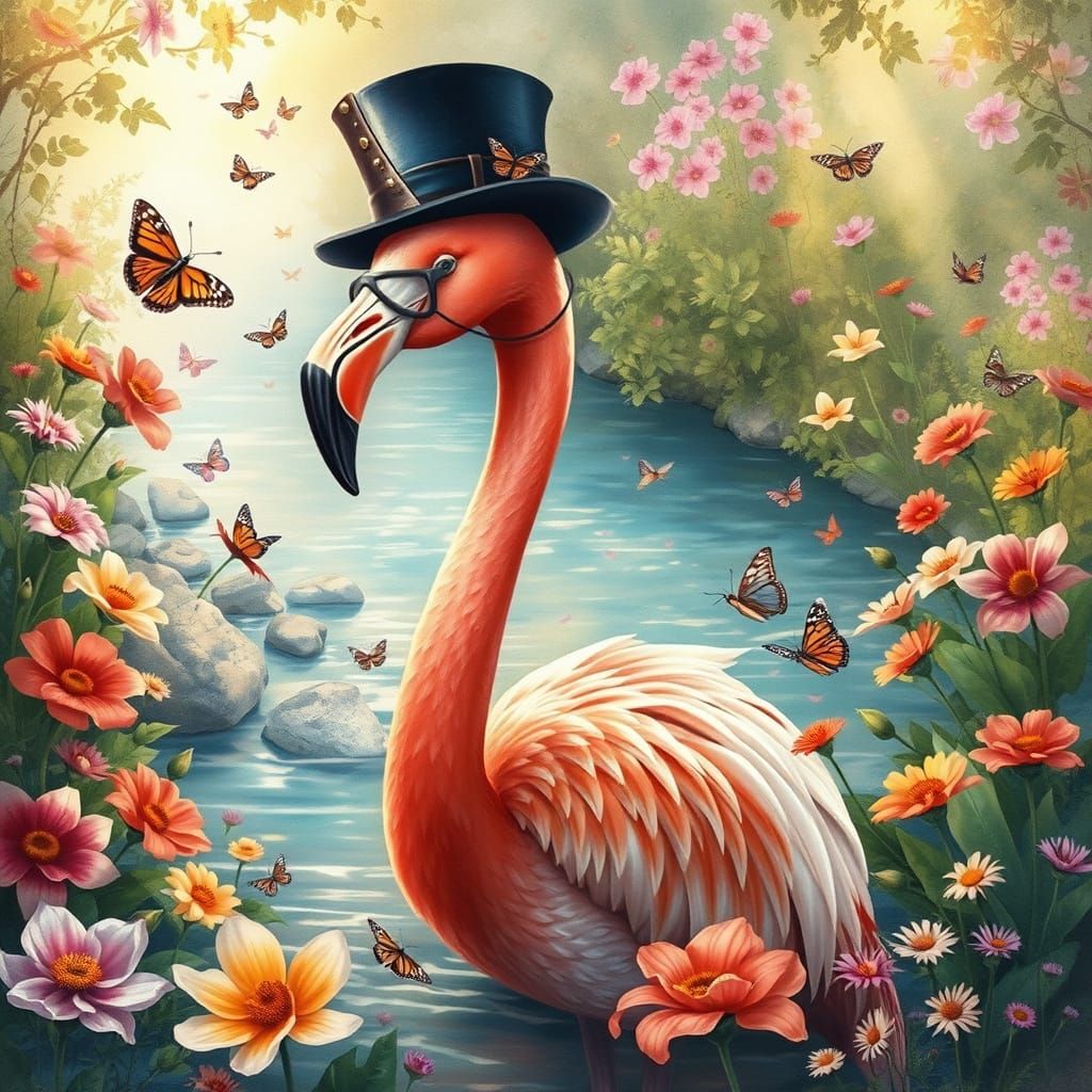 Elegant Flamingo Basks in Bohemian Garden Paradise