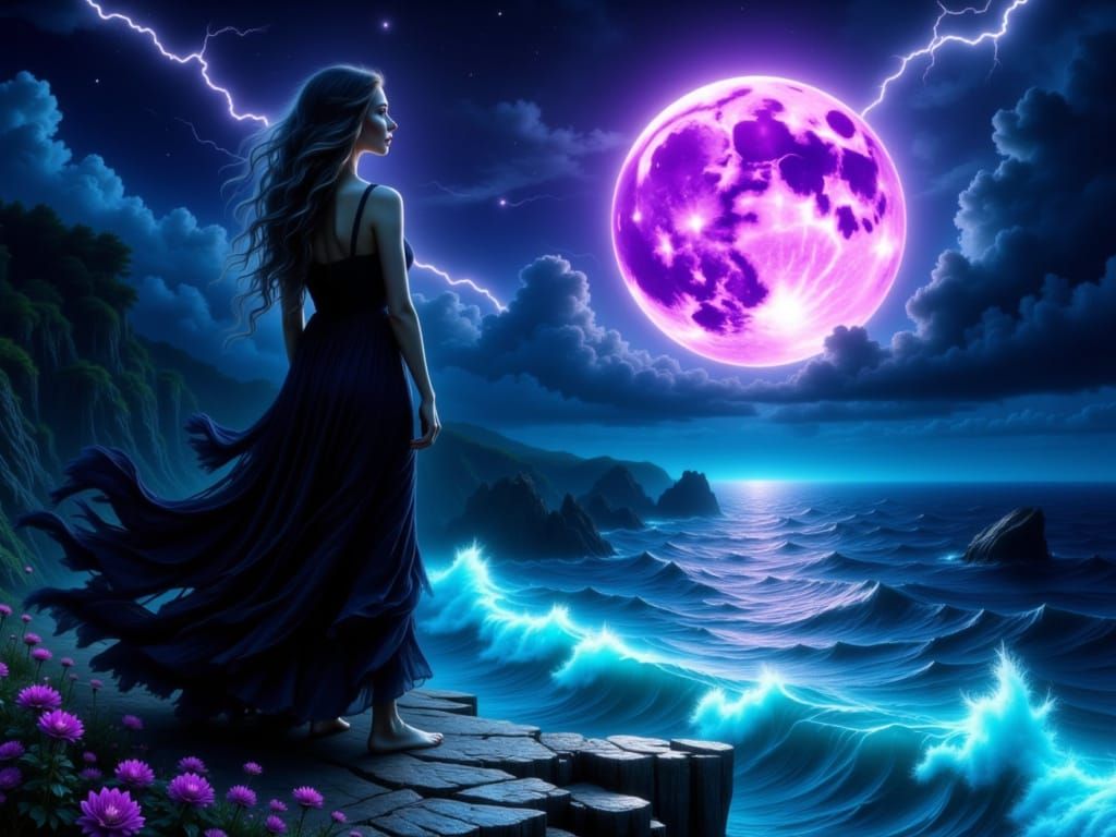 Enchanted Woman Gazing at Stormy Ocean in Dark Fantasy Art