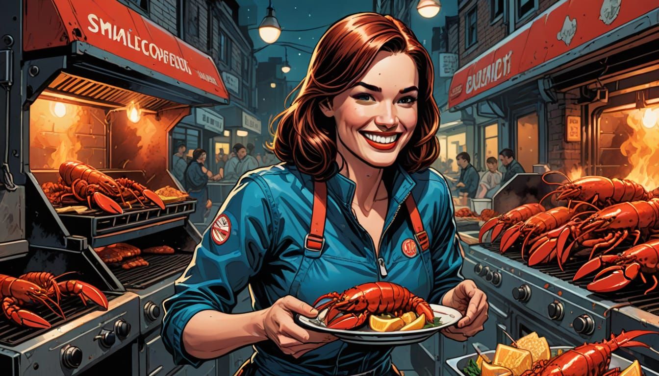 Superheroine Enjoys Grilled Lobster in Comic Book Art