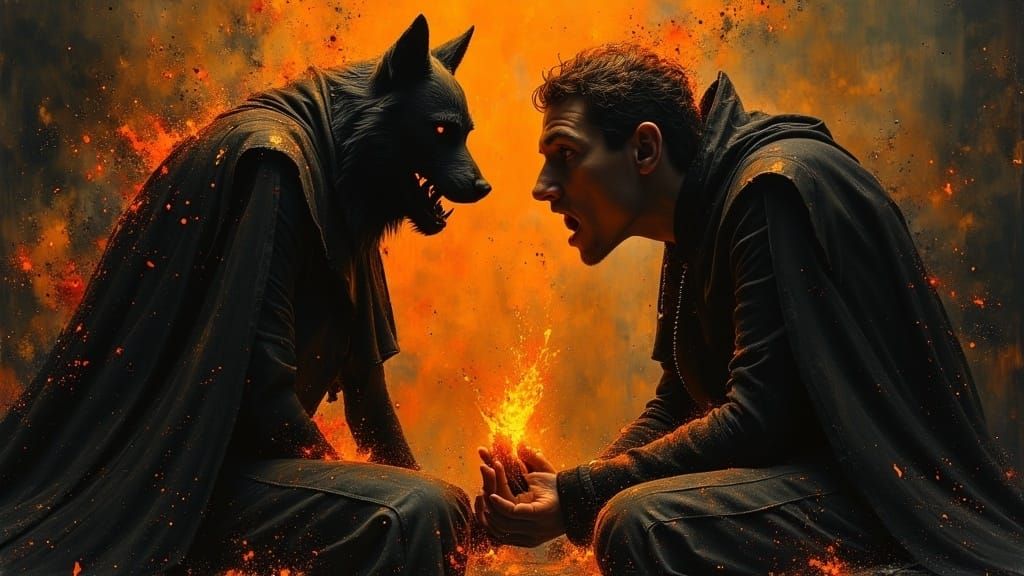 Magician and Wolf with Glowing Orb, Dark Oil Painting