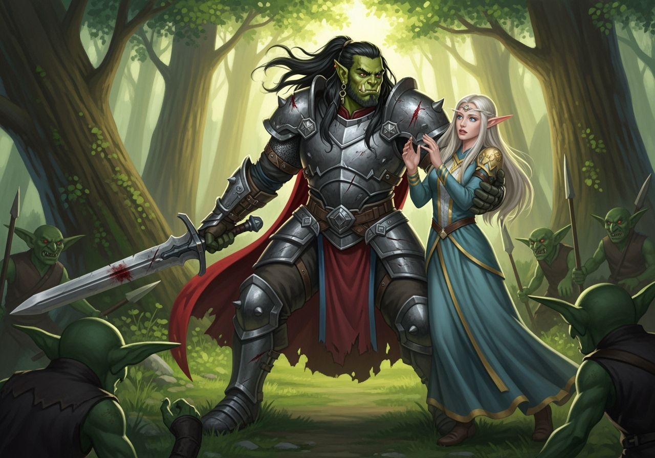 Half-Orc Paladin Rescues Elf in Forest Battle