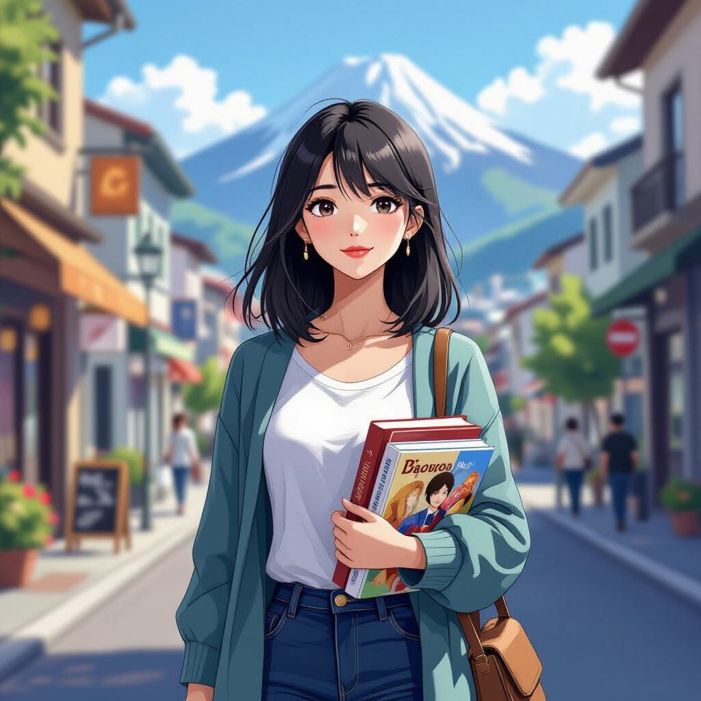 Anime Style Woman with Books on City Street