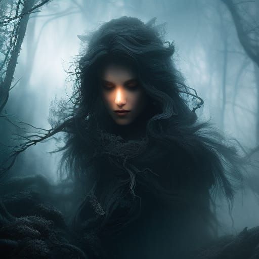 Ethereal Woman in Barren Mire, Dark Fantasy Style