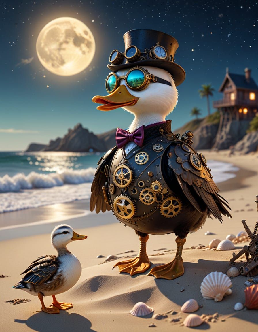 Steampunk Duck Enjoys Beach Vacation Under Starlit Moon