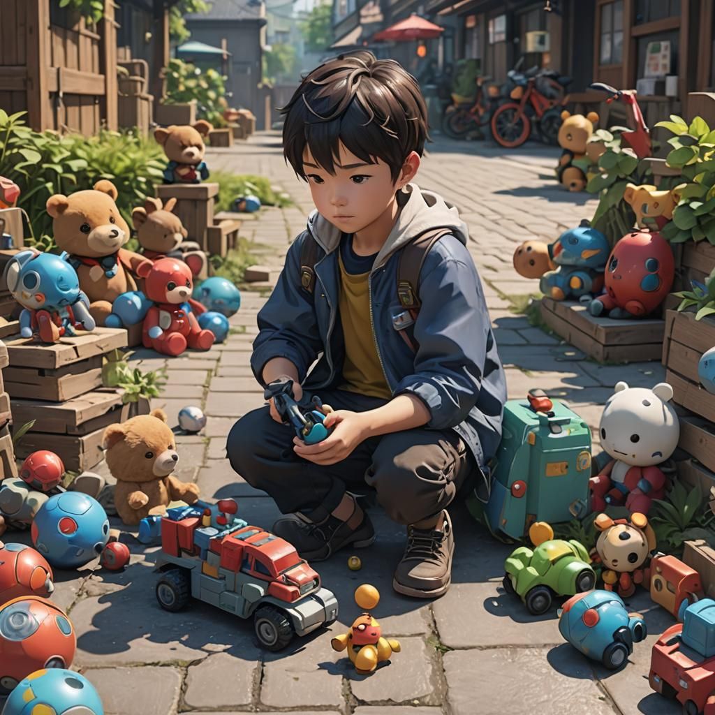 Boy Plays Outside: Detailed 3D Anime Art