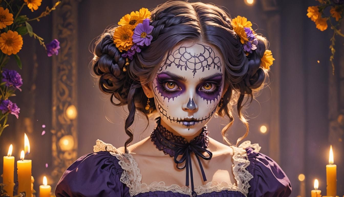 Anime-Style Catrina Girl Portrait in Vibrant Colors