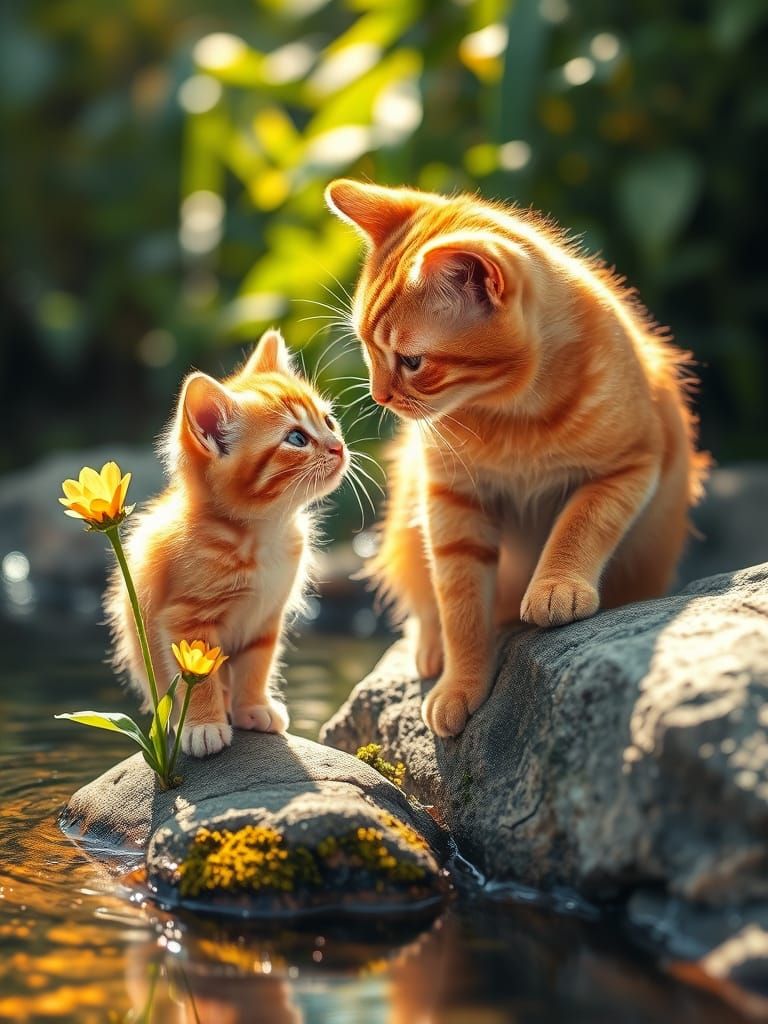 Tender Moment between Orange Cat and Kitten by Delicate Yell...