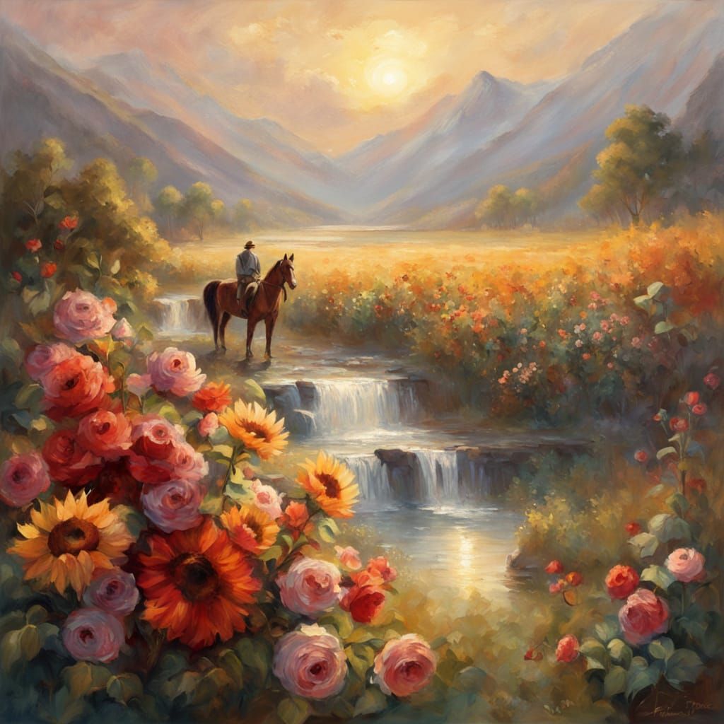 Sunflowers and Wild Horses in a Vibrant Impressionist Landsc...