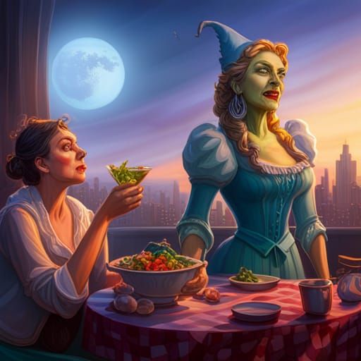 Hyperrealistic Elphaba and Glinda Salad Scene