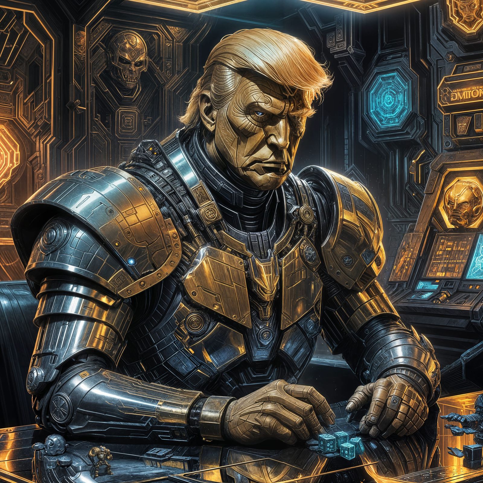 Cyberpunk Warforged Trump in D&D Battle