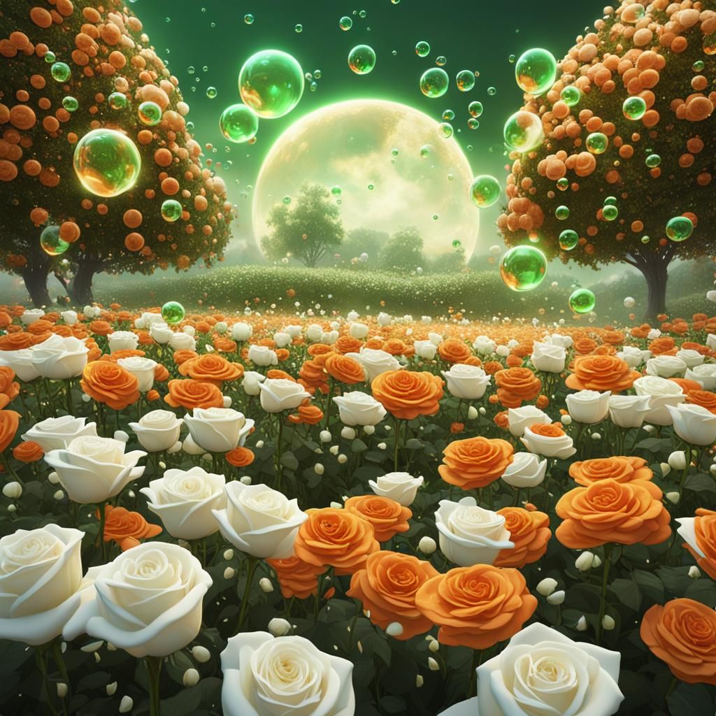 Orange and Green Bubbles over White Roses