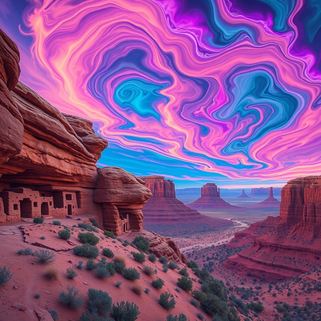 Native American Cliff Dwellings Under Psychedelic Sky