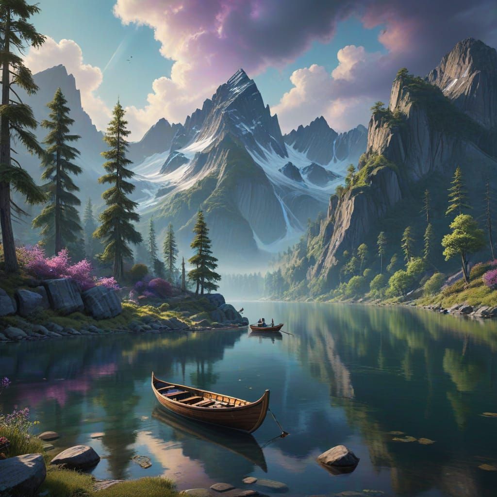 Serene Lake Landscape Painting with Lone Fisherman at Twilig...