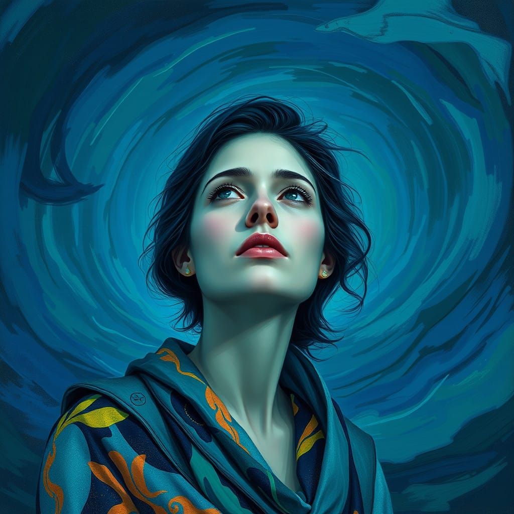 Contemplative Woman in Deep Blues and Greens