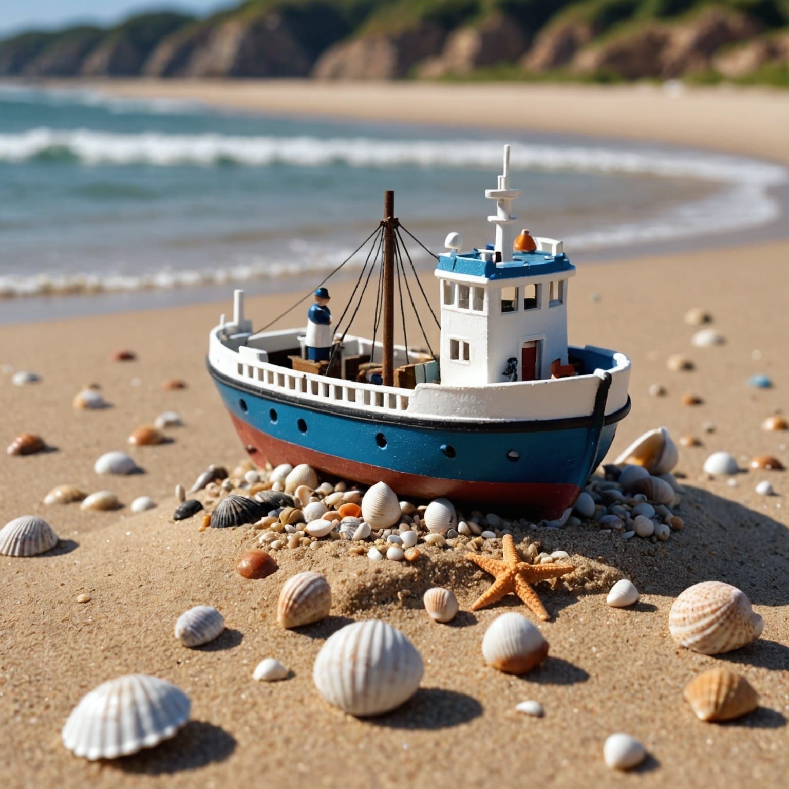 Miniature Ship Washes Ashore on Sandy Beach