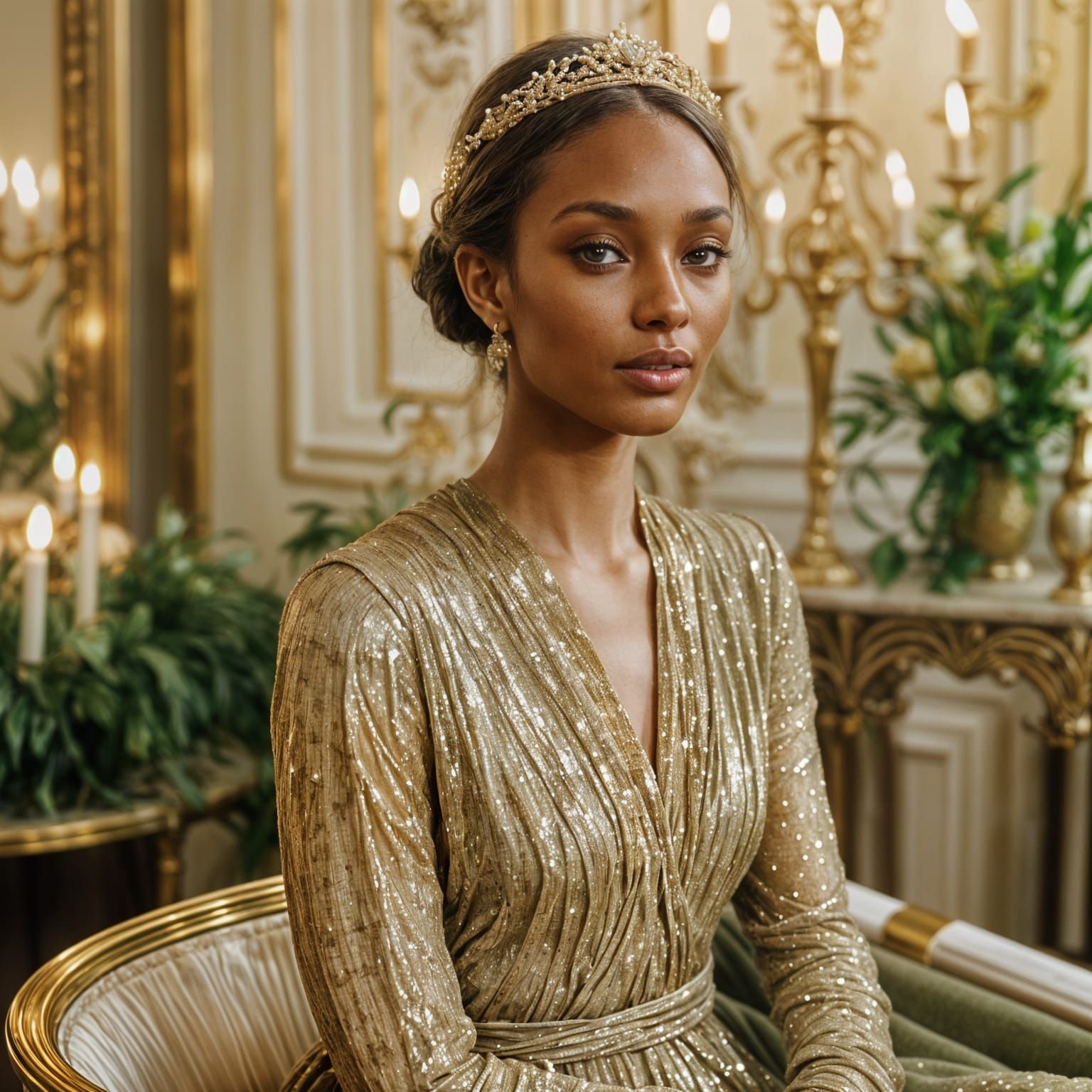 Watercolor fairytale. Medium shot. A princess hosts in a salon. Soft focus. High fashion photography. Shimmering candlel...