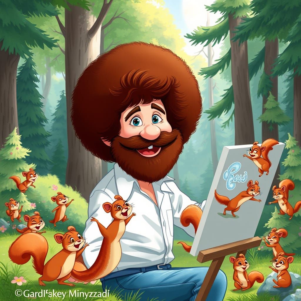 Squirrel Attack on Bob Ross in Whimsical Animation Style