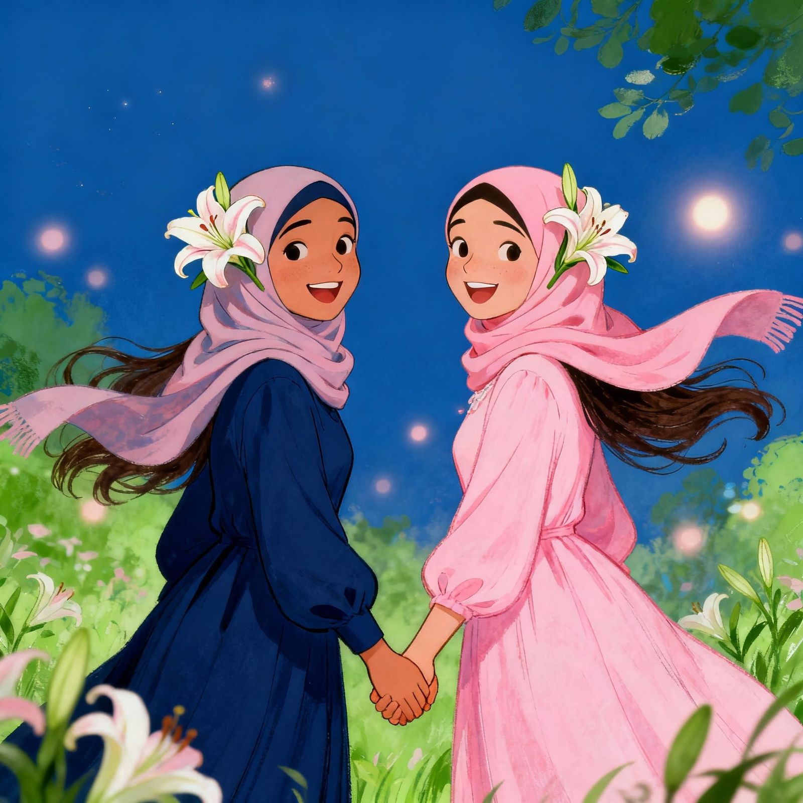Joyful Friends in Hijabs With Lilies, Illustrative Style
