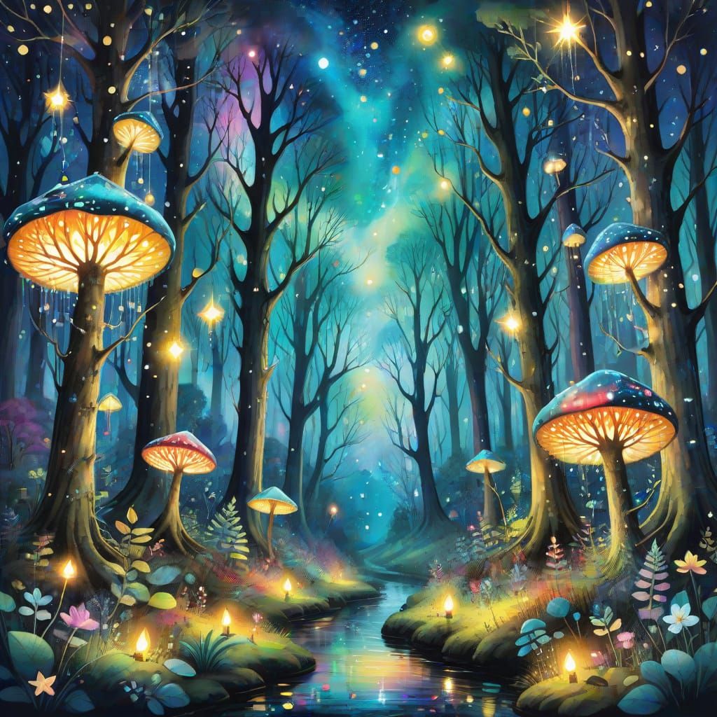 Whimsical Triadic Forest with Glowing Lights