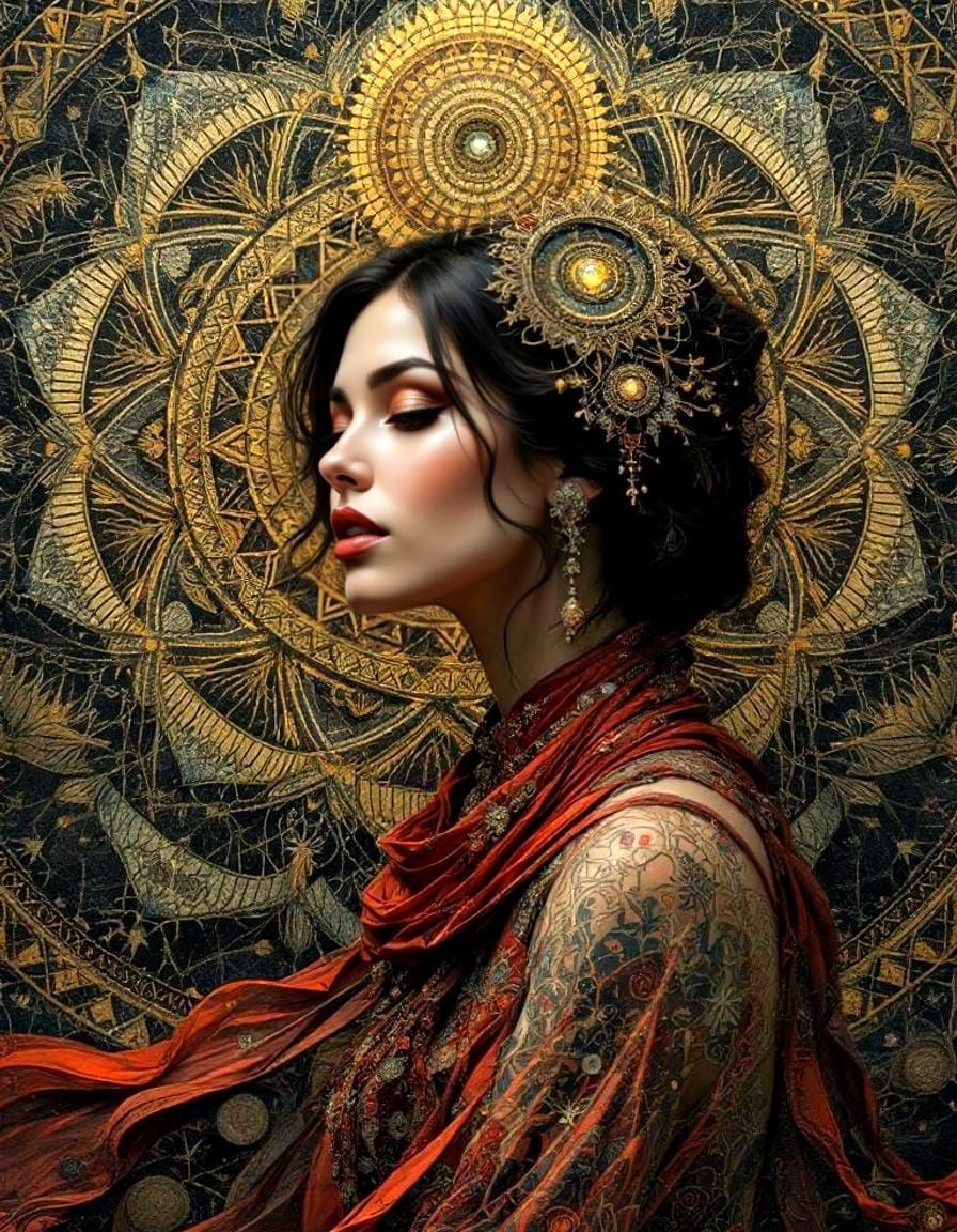 Mandala Woman: Geometric Fantasy Portrait in Impasto