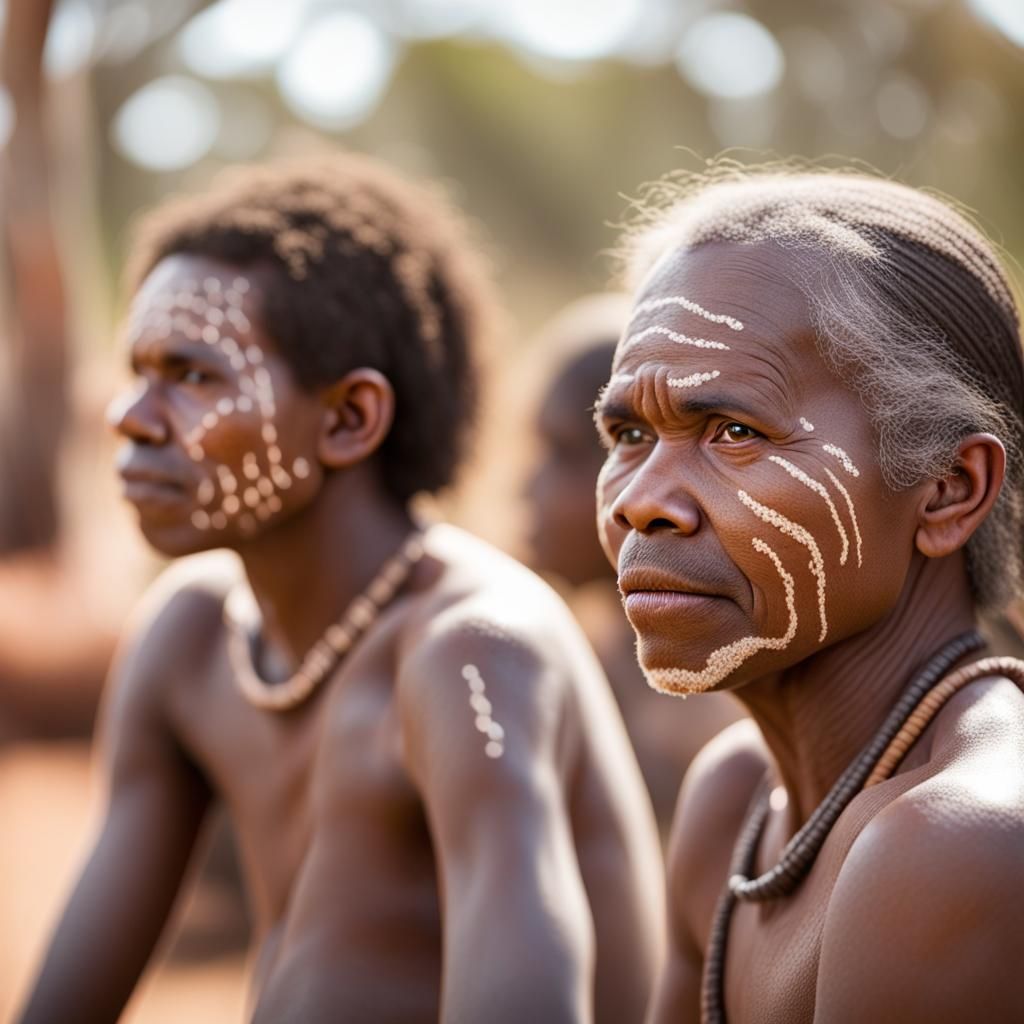 detailed Australian Aboriginal villagers, terrain, Professional photography, bokeh, natural lighting, canon lens, shot o...