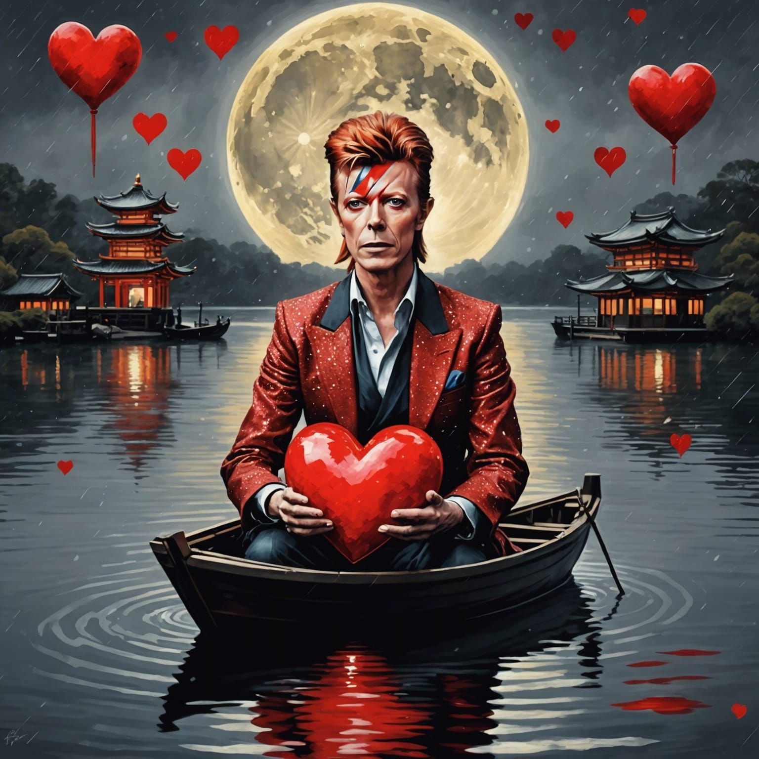 Boat on Moonlit Waters with Geisha and Fox