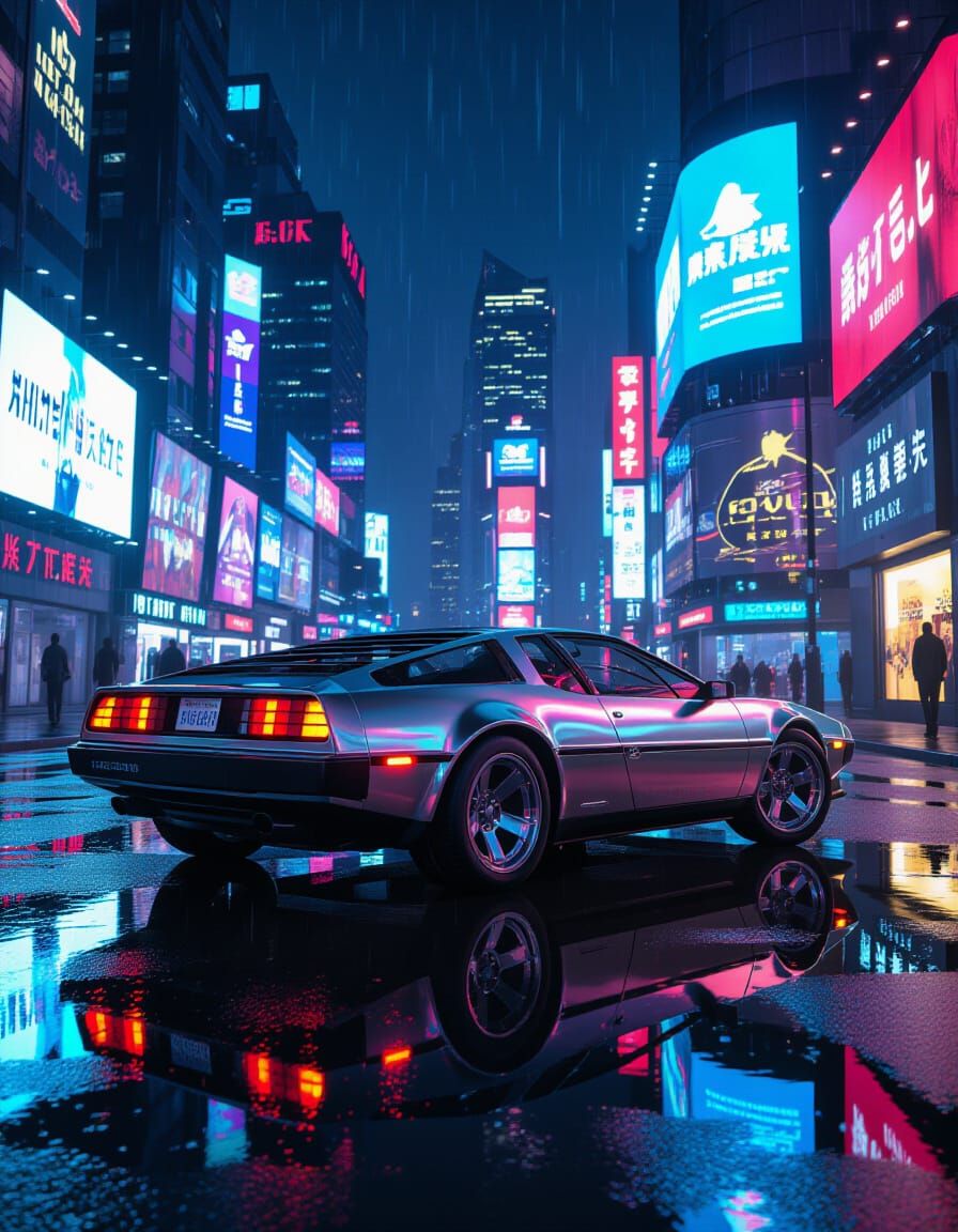1980s Chrome Sports Car in Cyberpunk City