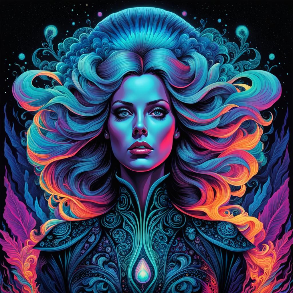 Bioluminescent Psychedelic Woman in Vibrant Ink Flow Style