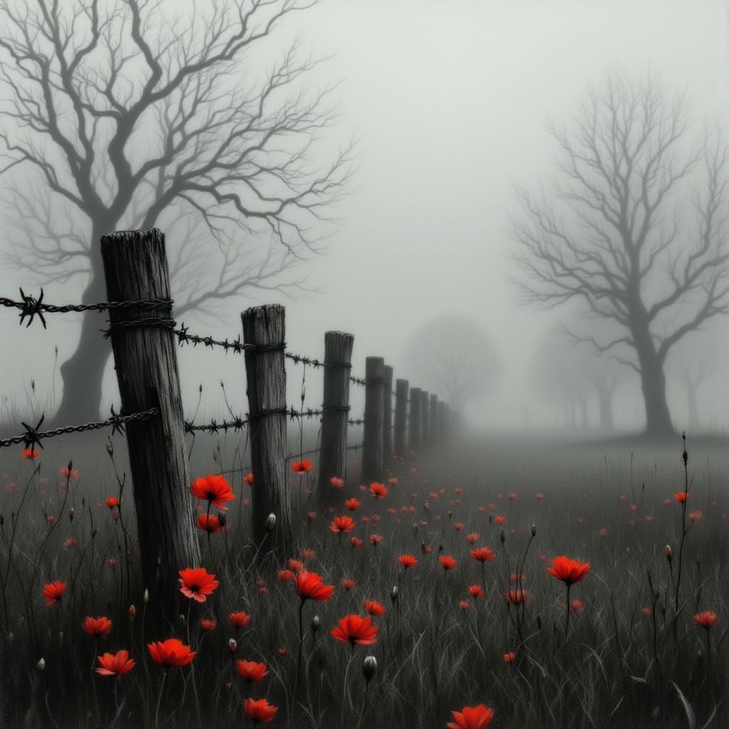 Ethereal Countryside Scene in Grayscale Charcoal Style