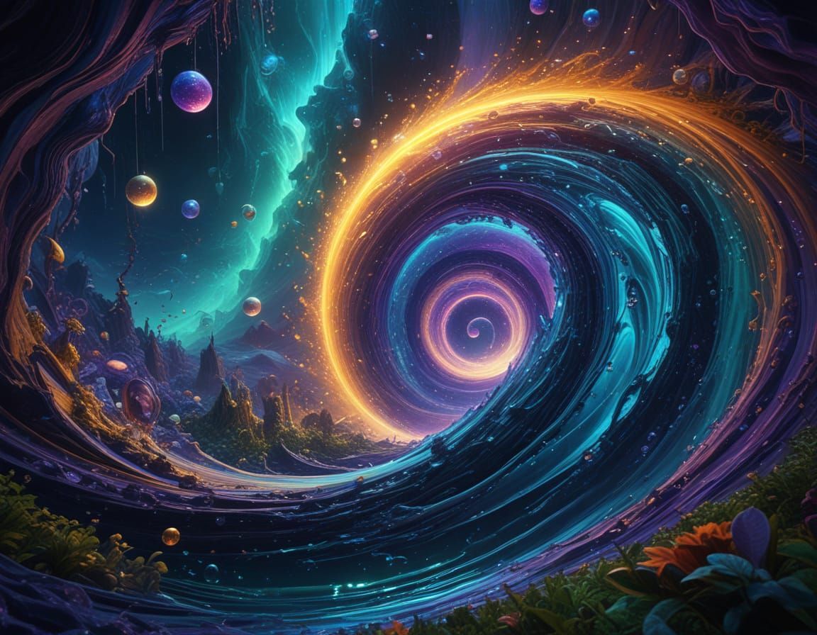 Cosmic Entity Emerges from Vibrant Vortex in Surreal Landsca...
