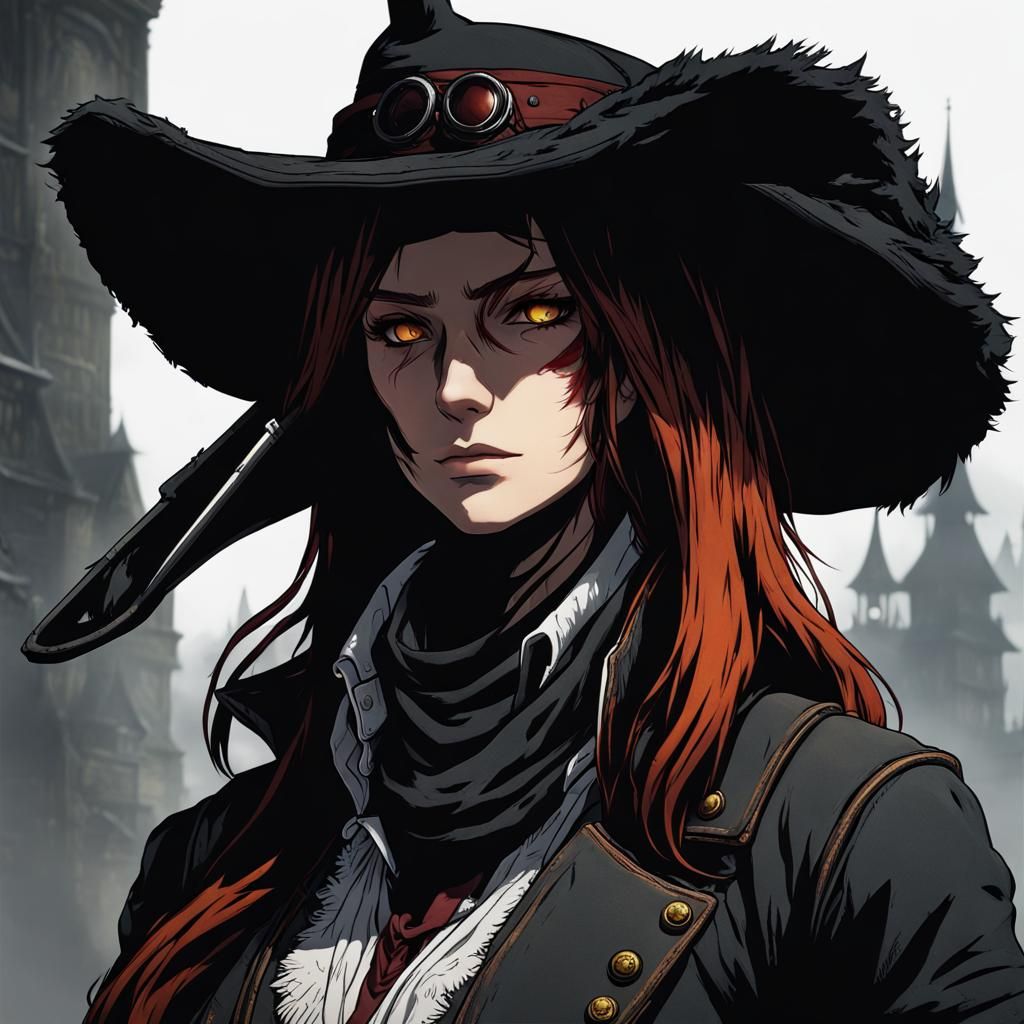 Female Hunter in Black Gear with Maroon Hair