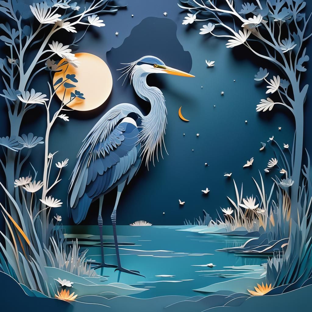 Great Blue Heron in Moonlit Waters, Kirigami Art