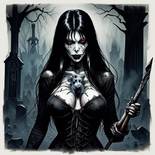 Elvira the Vampire in Gothic Graveyard as Ink Painting