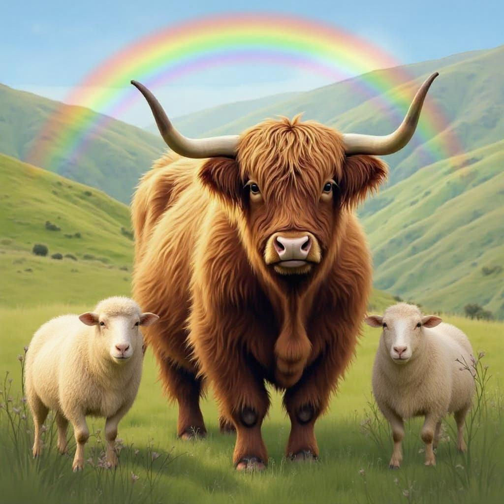 Highland Cow in Meadow: Landscape Painting