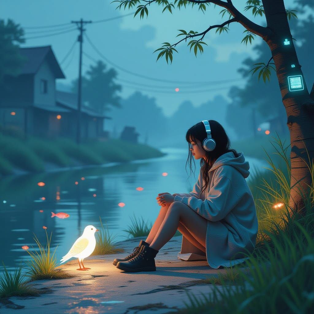 Cyborg Girl and Memory Bird in Future Village