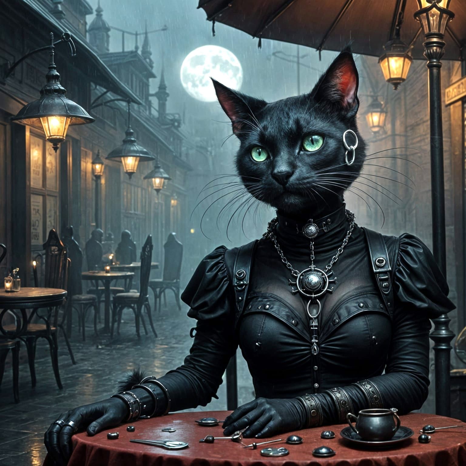 Goth Cat Woman in Rainy Cafe, Matte Painting Style