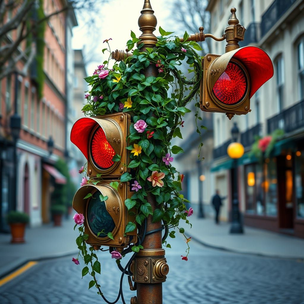 Steampunk Traffic Light in Whimsical Bloom