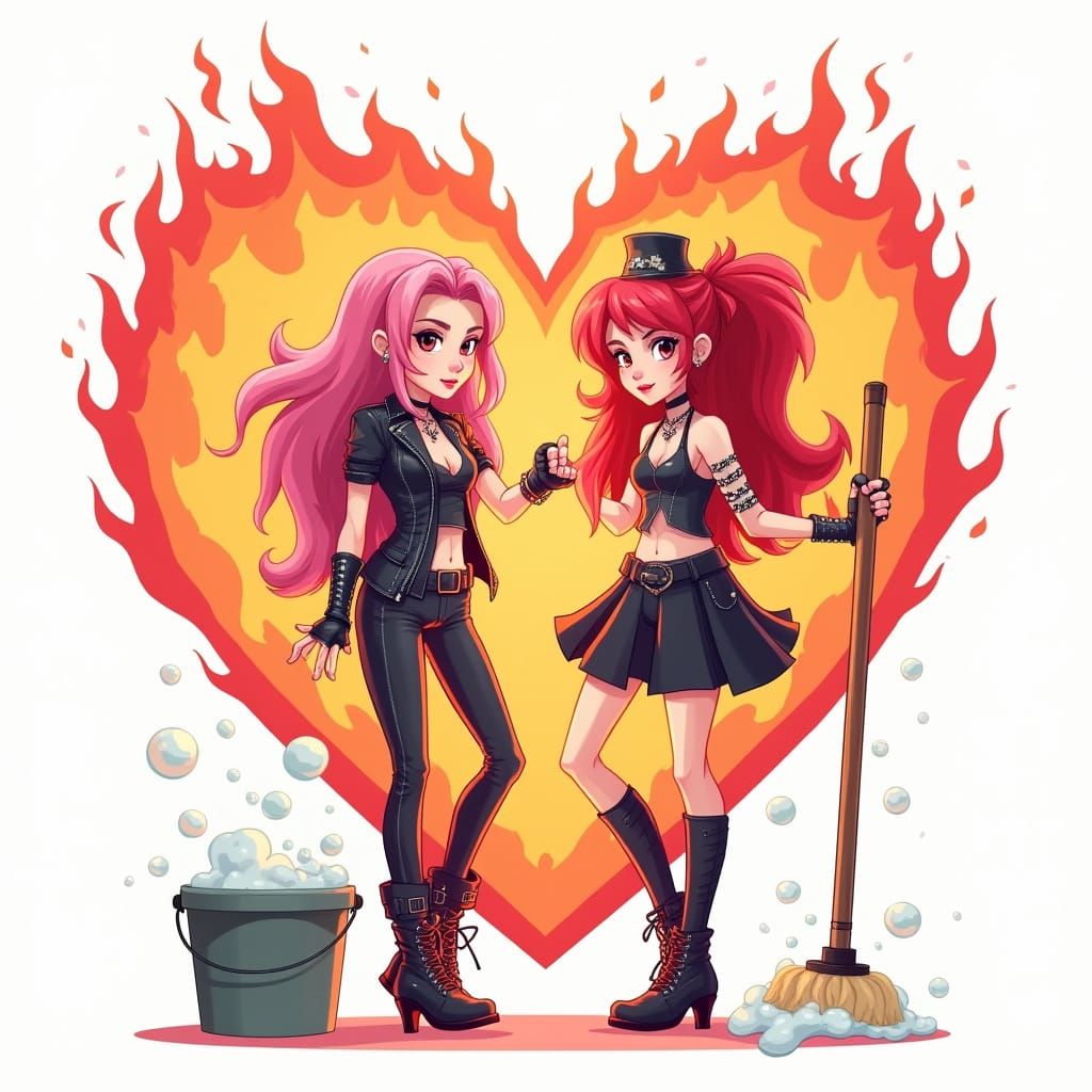 Flaming Heart with Punk Rock Girls and Bubbles