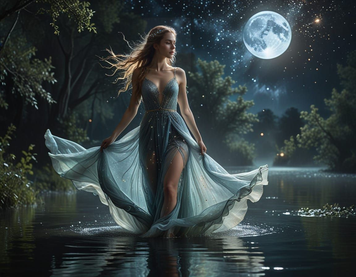 Elven Goddess Walking on Water Under Full Moon