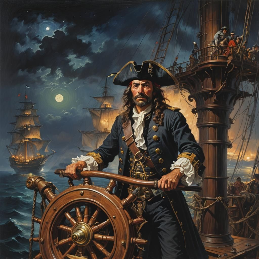 Ghost Pirate Captain at the Helm, Oil Painting