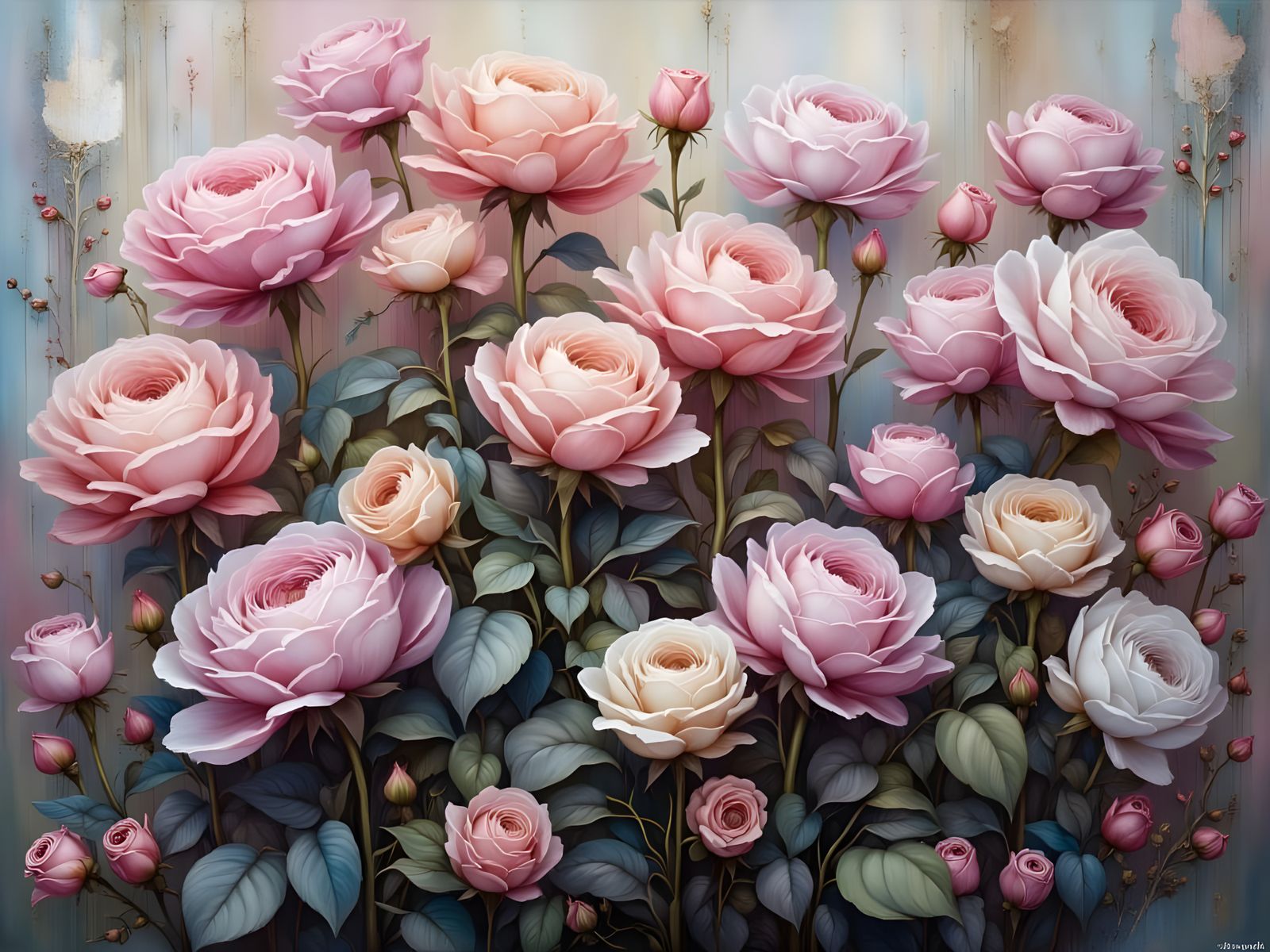 Surreal Pink Roses in Front of Weathered Brick