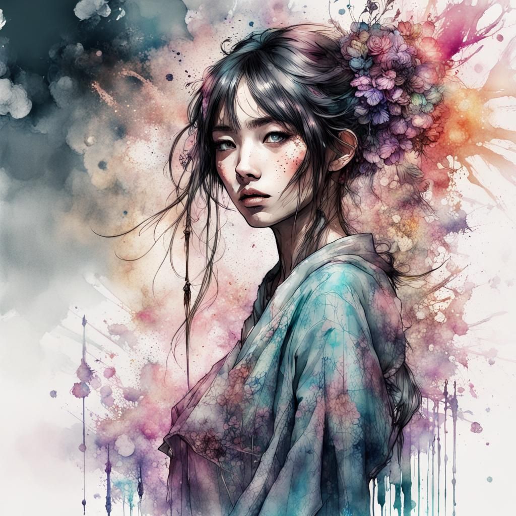 Fantasycore Japanese Girl Ink Splatter in Watercolor Style