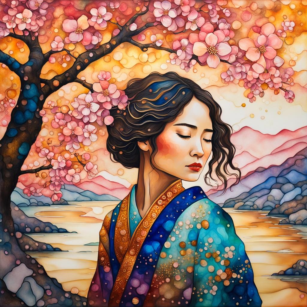 Alcohol Ink Portrait: Woman Under Cherry Blossoms