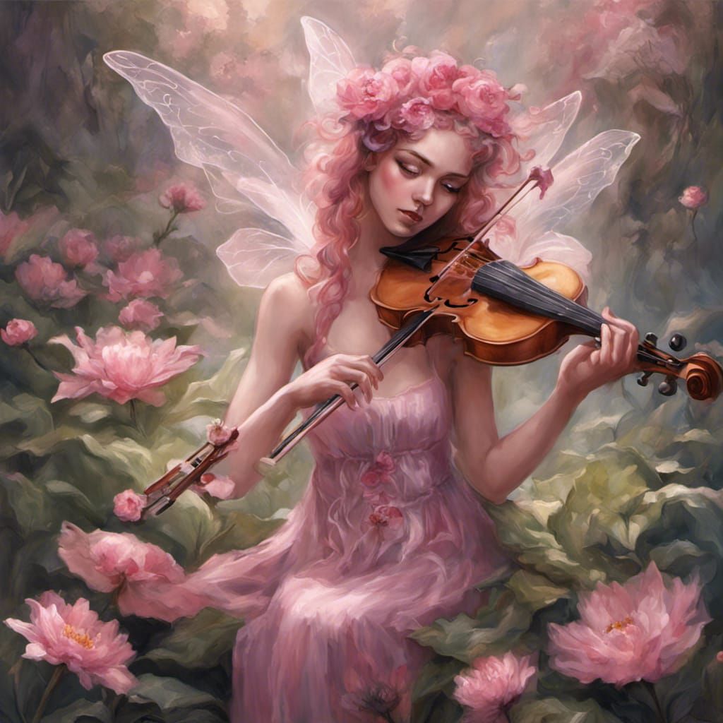 Fairy Bard Playing Fiddle in Floral Fantasy